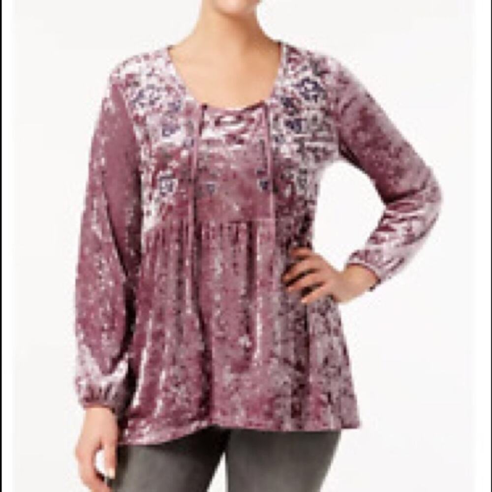 Style & Co NWT Pink Velvet Blouse Whimsey Lux Embroidered Holiday
